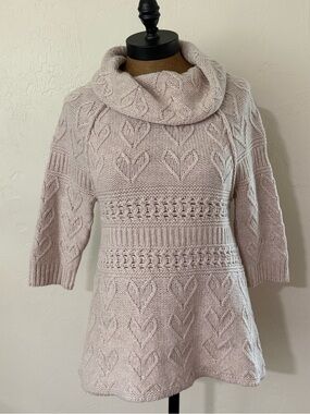 ⁠Anthropologie Sleeping on Snow Heart Cable Knit Cowl Neck Wool Sweater Small